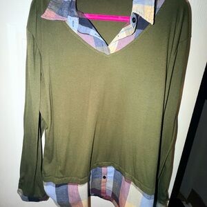 Olive Green One Collared Layered Plaid Women's Business Casual Top 2XL